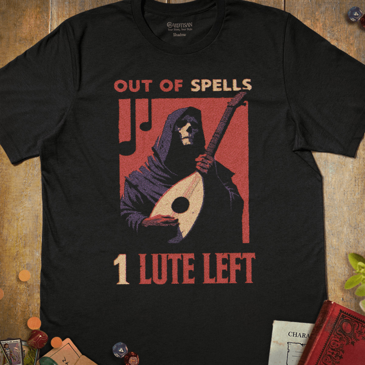Black tabletop RPG T-shirt with a hooded bard playing a lute and Out of Spells 1 Lute Left text