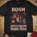 Black dark fantasy T-shirt with a dragon attacking a burning castle and BDSM Battles Dragons Swords Magic text