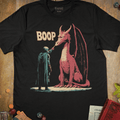 Black fantasy T-shirt with a robed mage booping a dragon's nose and Boop text