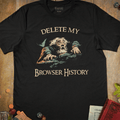 Black fantasy T-shirt with a panicked old bearded wizard reaching forward and Delete My Browser History text