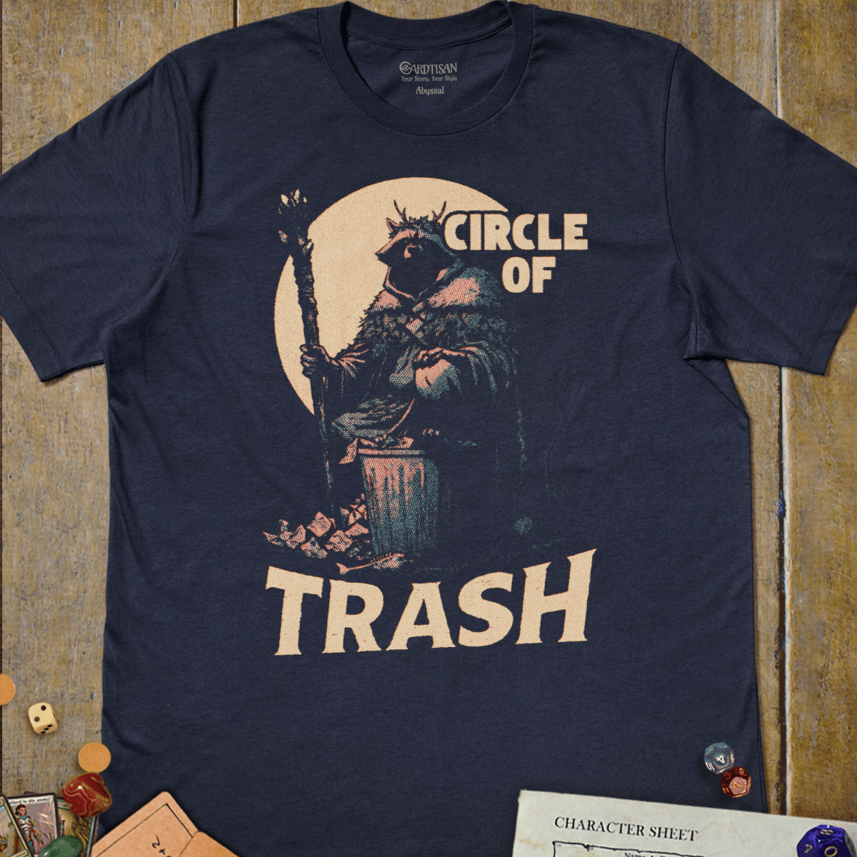 Navy tabletop RPG T-shirt with a fur-cloaked druid holding a staff on a trash can under a full moon and Circle of Trash text