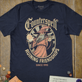 Navy trading card game T-shirt with a vintage wizard and Counterspell Ruining Friendships Since 1993 text