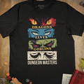 Black tabletop RPG T-shirt with stacked dragon, elf, goblin and dungeon master eye panels and Dragons Elves Goblins Dungeon Masters text