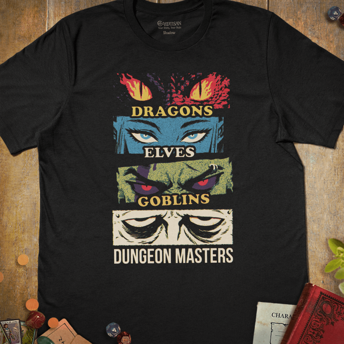 Black tabletop RPG T-shirt with stacked dragon, elf, goblin and dungeon master eye panels and Dragons Elves Goblins Dungeon Masters text