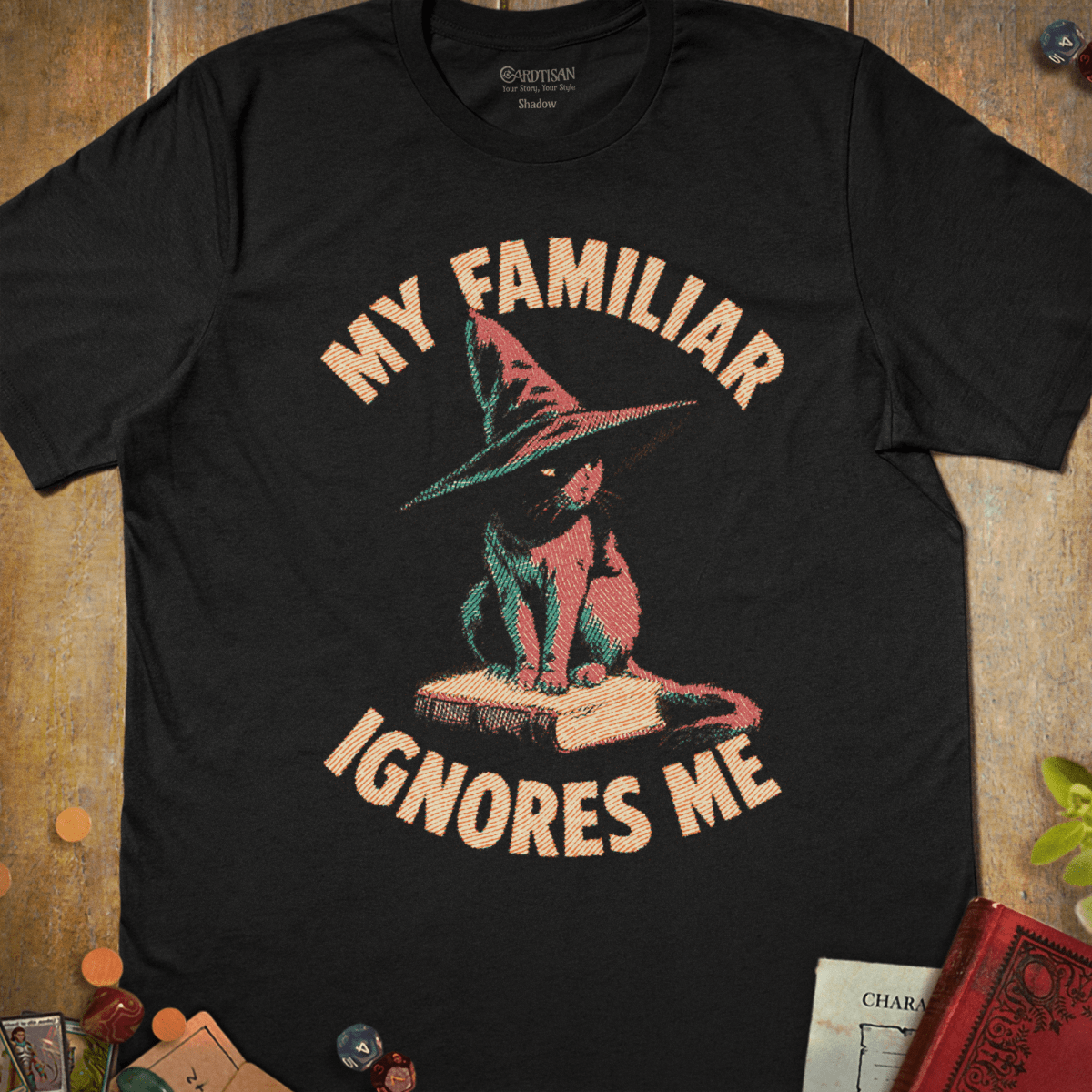 Black tabletop RPG T-shirt with a wizard cat badge and My Familiar Ignores Me text