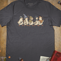 Charcoal gray fantasy T-shirt with five geese dressed as a knight, wizard, ranger and bard in a row