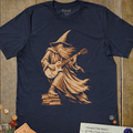 Navy graphic T-shirt with a bearded wizard shredding an electric guitar atop a stack of spellbooks illustration