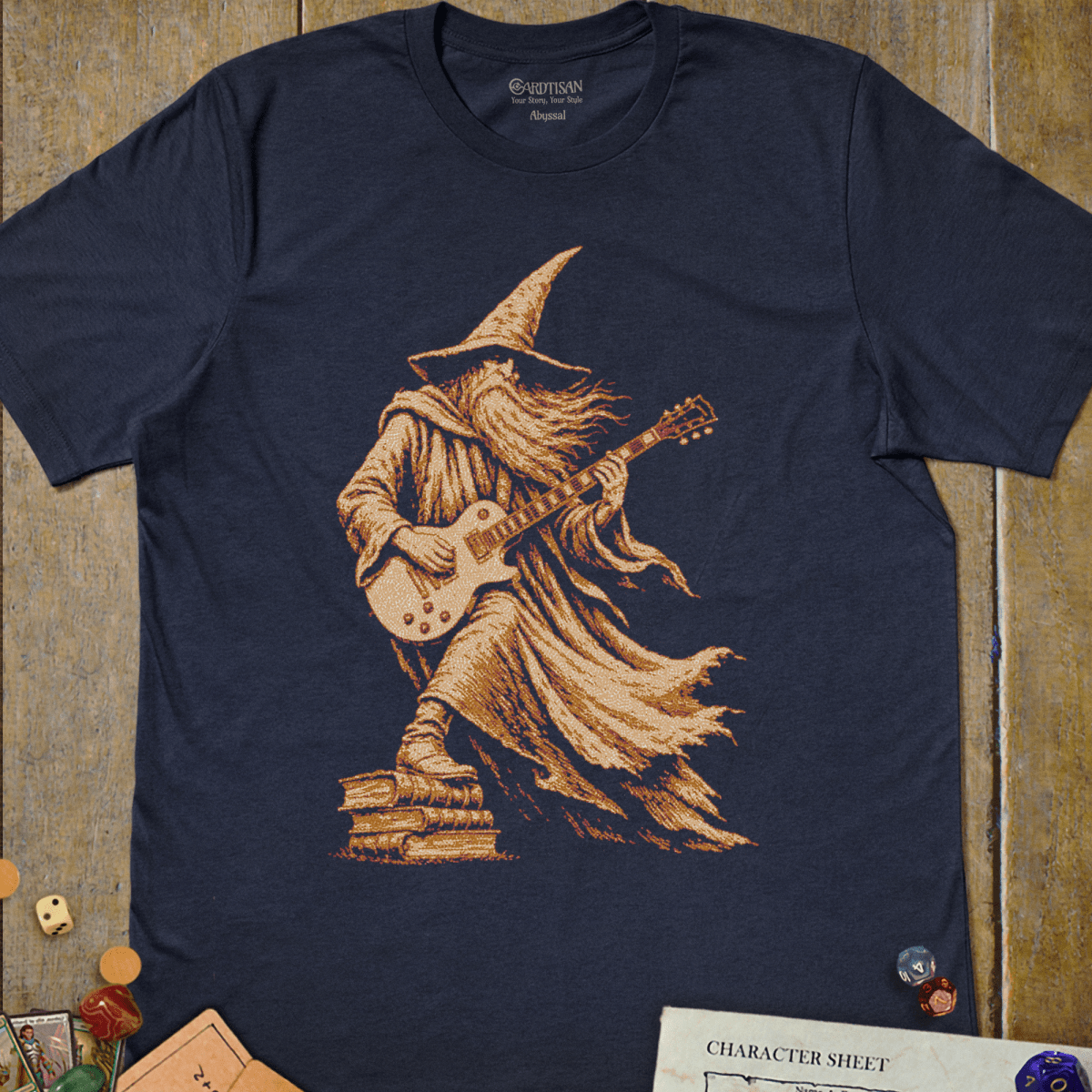 Navy graphic T-shirt with a bearded wizard shredding an electric guitar atop a stack of spellbooks illustration
