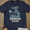 Navy blue tabletop RPG T-shirt with a wizard firing a minigun and I cast raining lead text