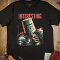 Black graphic T-shirt with a knight in a bucket helm sipping a juice box illustration and 