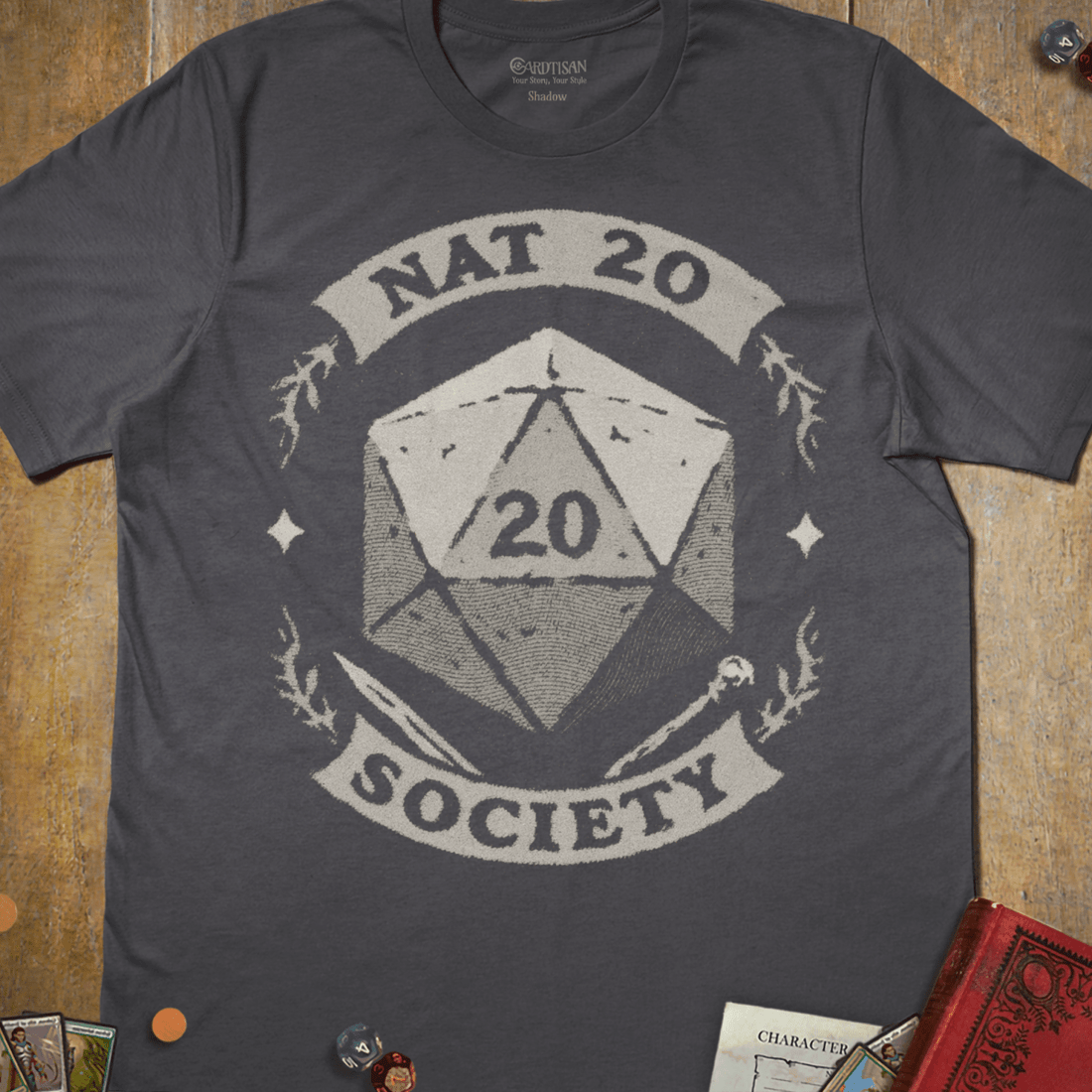 Charcoal tabletop RPG T-shirt with a vintage Nat 20 Society d20 emblem