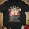 Black tabletop RPG T-shirt with a paladin kneeling before a glowing cake shrine and Day 2 of My Diet Oathbreaker text