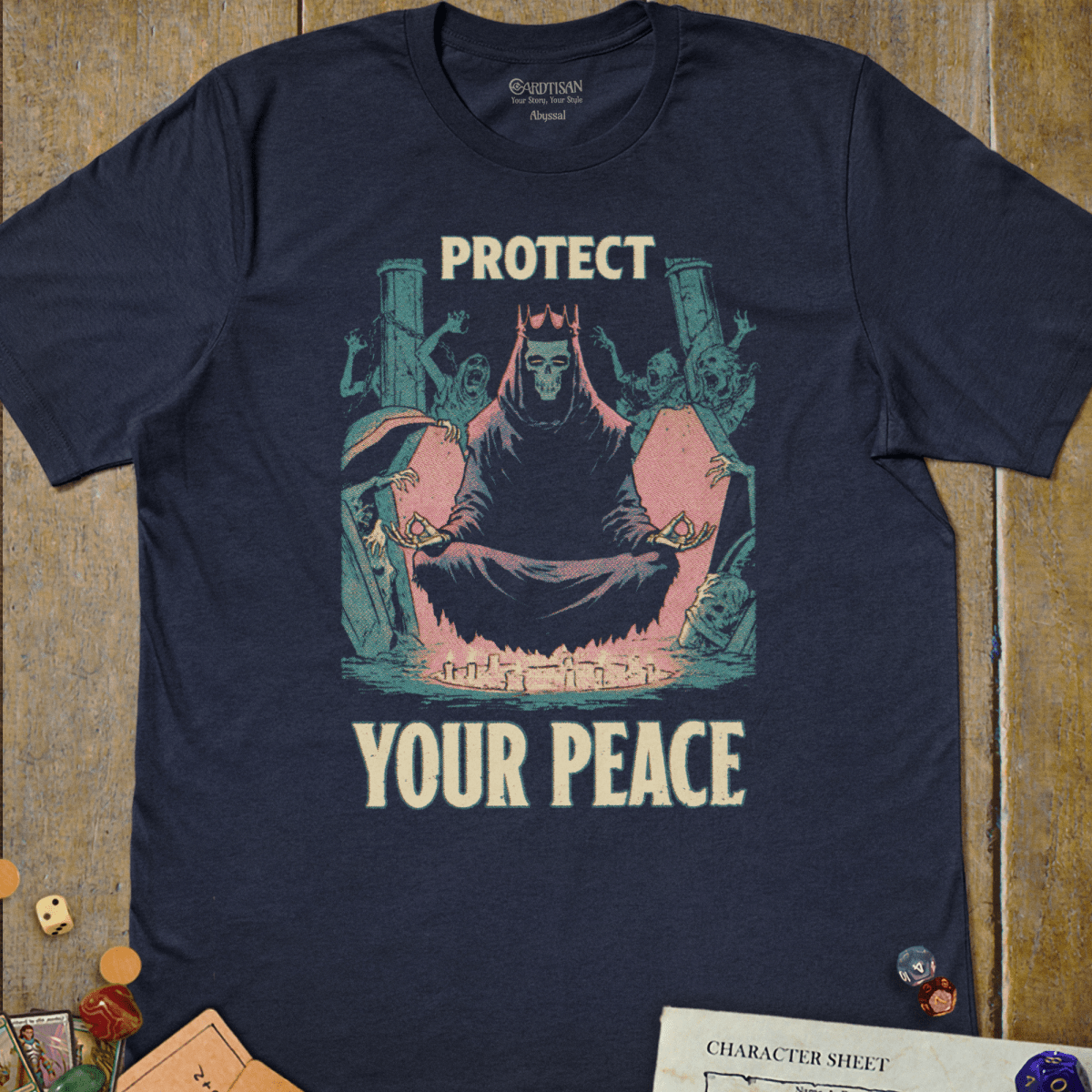 Navy blue fantasy T-shirt with a hooded horned figure meditating and protect your peace text