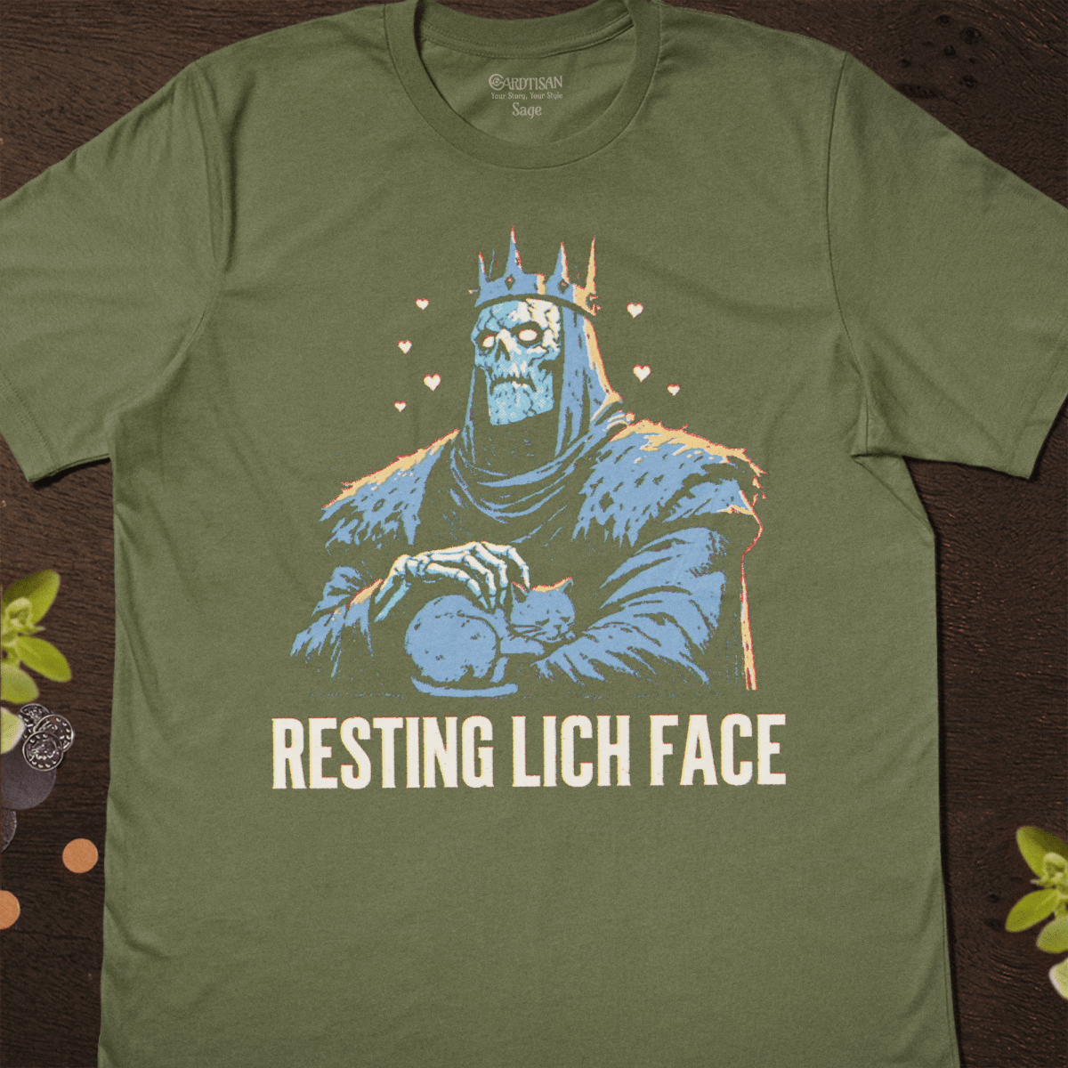 Resting Lich Face T-Shirt - Cardtisan - T-Shirt - Sage - S - cat - dark-humor