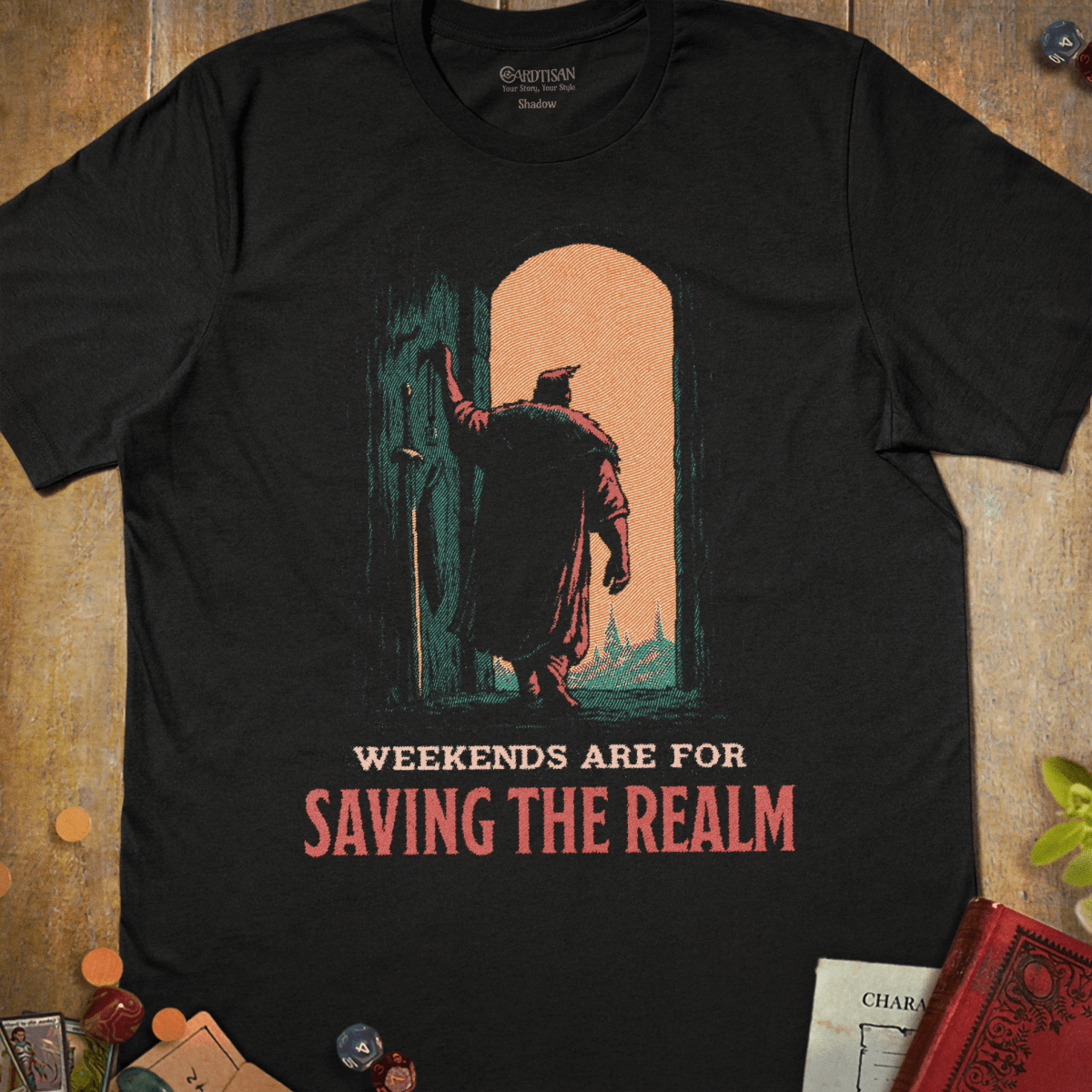 Black fantasy T-shirt with a silhouetted warrior in a glowing doorway and weekends are for saving the realm text