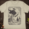 Cream fantasy T-shirt with a black engraved illustration of a wizard riding a flying snail