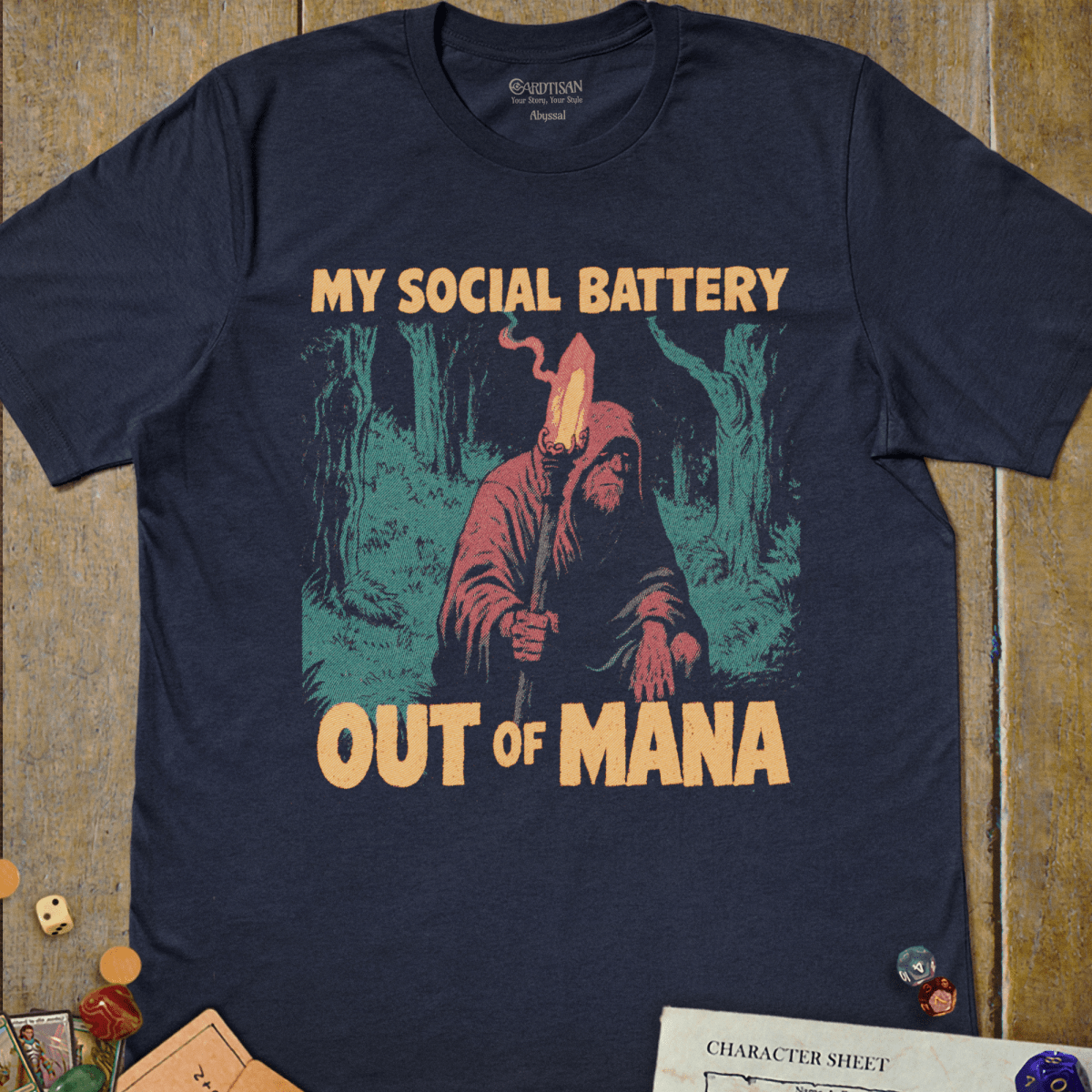 Navy tabletop RPG T-shirt with a hooded wanderer holding a torch and My Social Battery Is Out of Mana text