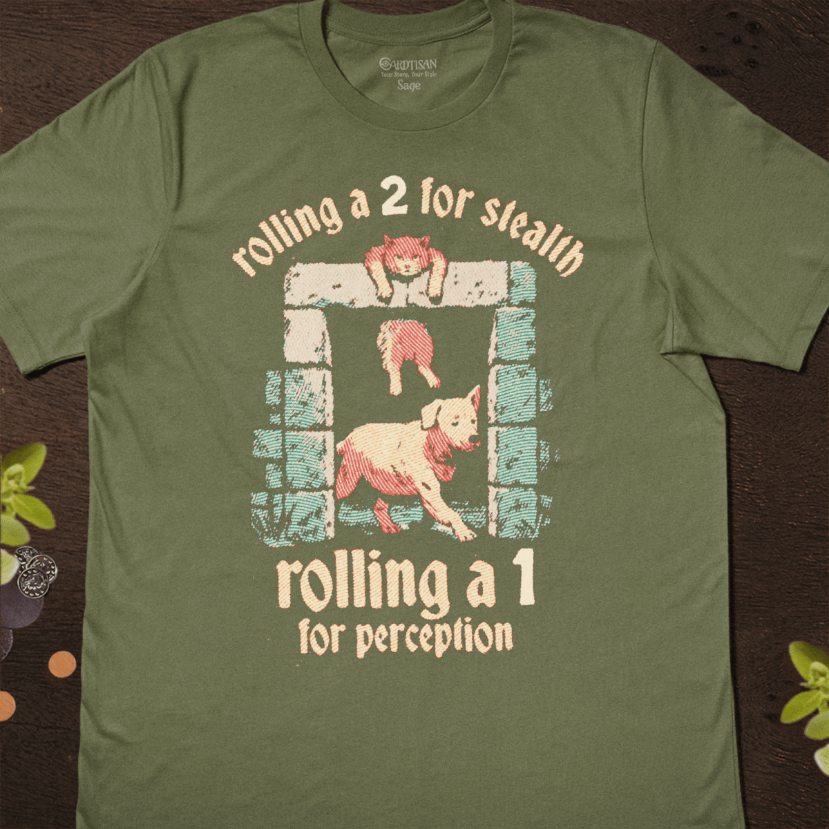 Stealth and Perception T-Shirt - Cardtisan - T-Shirt - Sage - M - casual wear - dnd