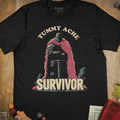 Black graphic T-shirt with an armored knight in a pink fur cloak illustration and 