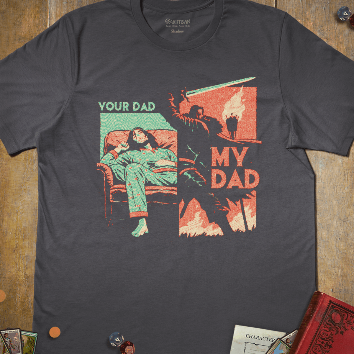Charcoal gray absurd humor T-shirt with a retro illustration of two figures and your dad my dad text